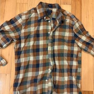 J. Crew Men's Flannel Plaid Shirt - Brown and Blue Large Slim